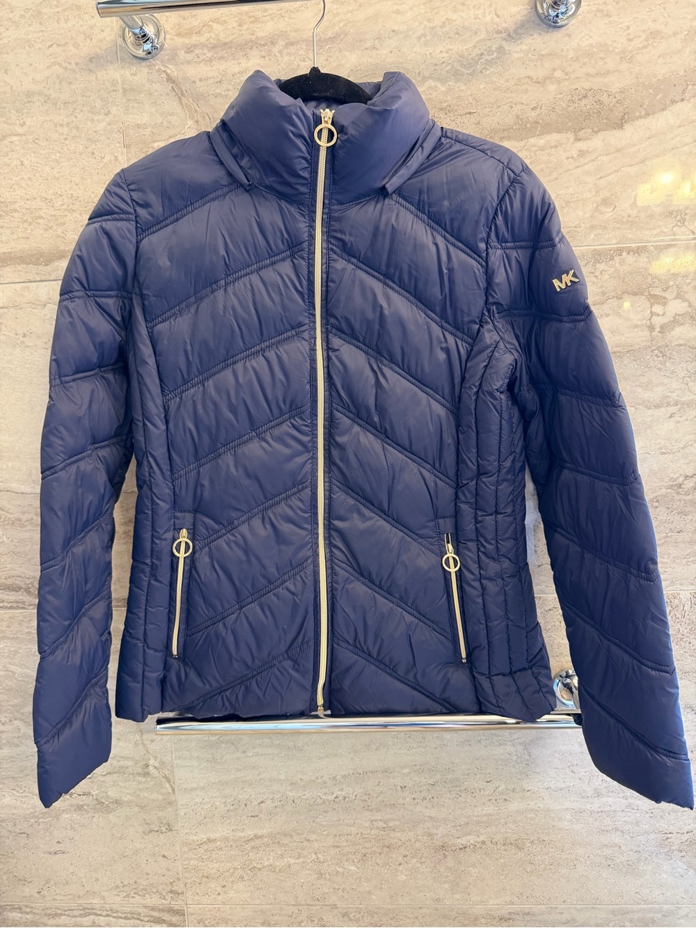 Michael Kors Navy Chevron Quilted Packable Puffer Jacket